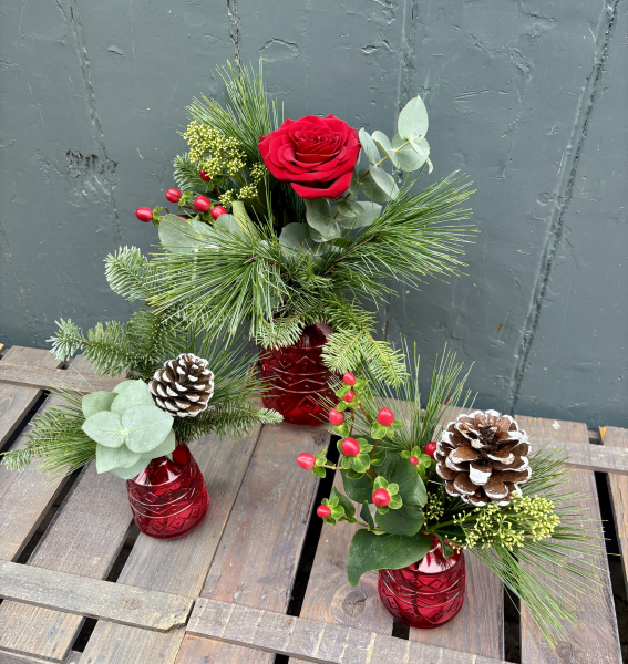 Festive red bud vase trio