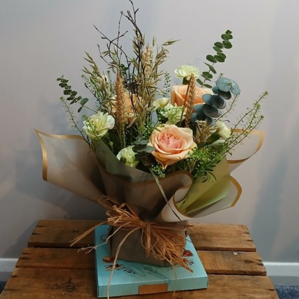 Natural flower style posy and chocolates