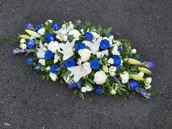 White with blue roses