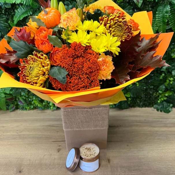 Autumn sunset with candle