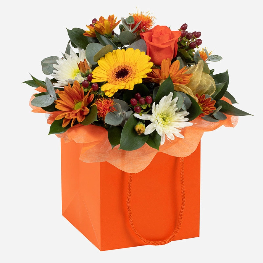 Wild autumn arrangement with roses gerberas and seasonal flowers in orange gift bag wild autumn arrangement with roses gerberas and seasonal flowers in orange gift bag wild autumn arrangement with roses gerberas and seasonal flowers in orange gift bag