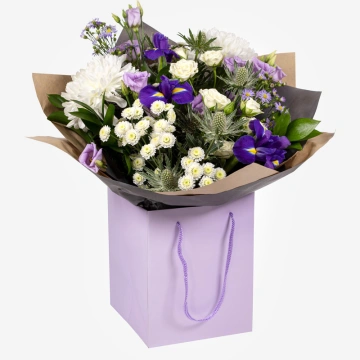 violet-hand-tied-bouquet-with-purple-and-white-flowers-in-gift-bag-1
