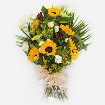 bright-yellow-funeral-flowers-tied-in-cellophane-featuring-sunflowers-carnation-lisianthus-hypericum-1