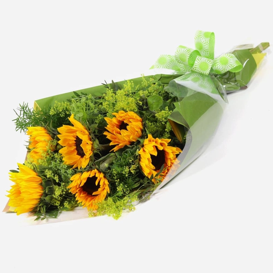 flat-wrapped-sunflower-bouquet-with-foliage-and-green-ribbon-bow-1