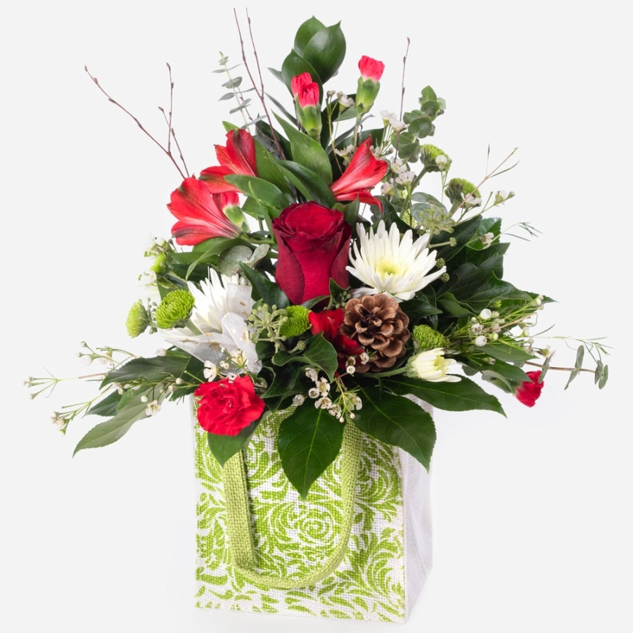 Festive christmas arrangement presented in a patterned gift bag